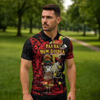 Papua New Guinea Christmas Zipper Polo Shirt Funny Melanesian Santa with Bird-of-paradise Tribal Style - Polynesian Pride