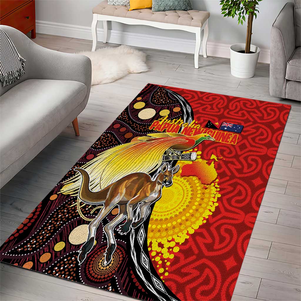 Australia and Papua New Guinea Together Area Rug Bird-of-paradise and Kangaroo with Oro Tapa and Aboriginal Art Motifs - Polynesian Pride