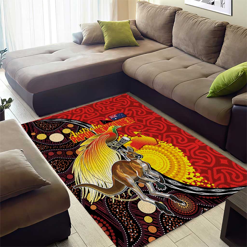 Australia and Papua New Guinea Together Area Rug Bird-of-paradise and Kangaroo with Oro Tapa and Aboriginal Art Motifs - Polynesian Pride