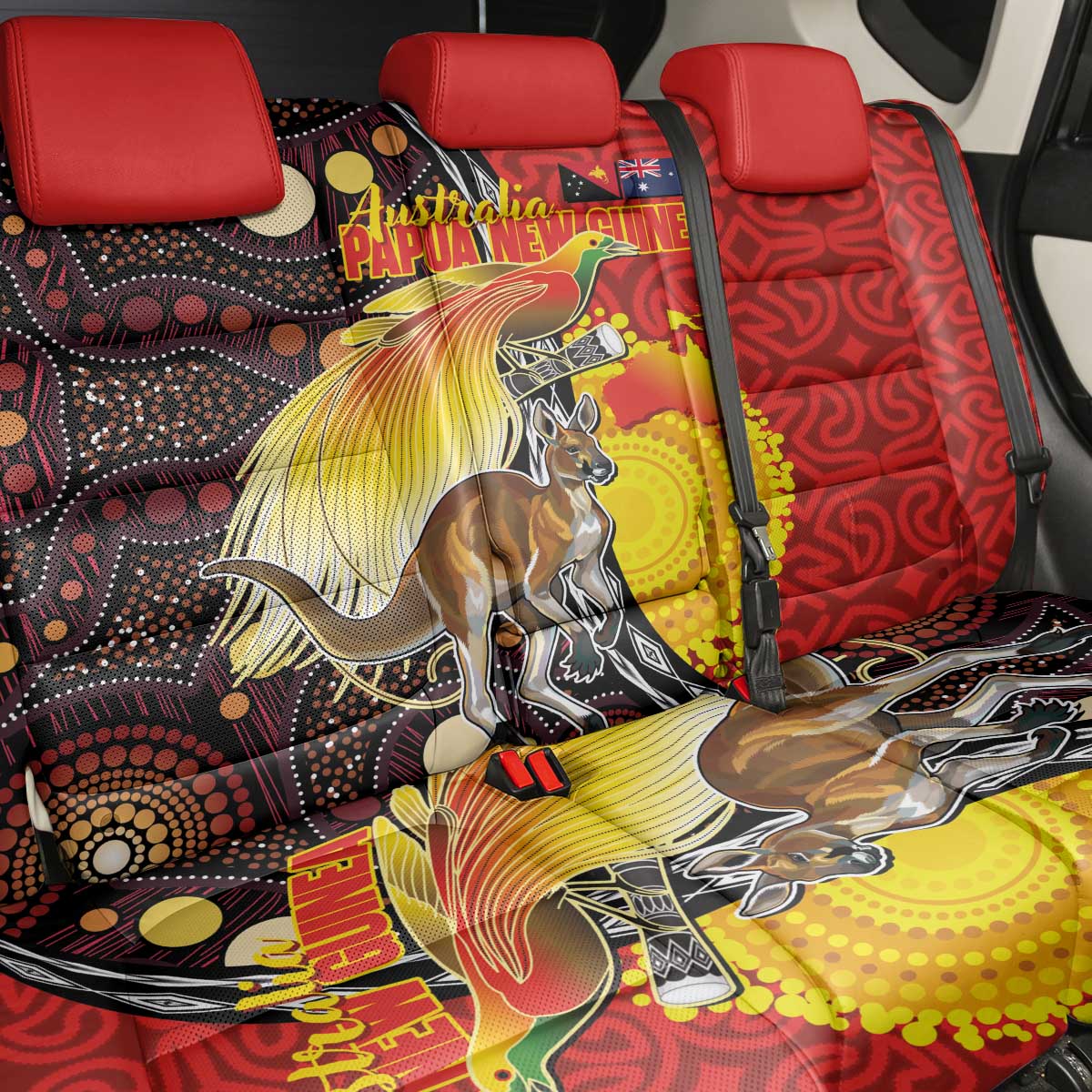 Australia and Papua New Guinea Together Back Car Seat Cover Bird-of-paradise and Kangaroo with Oro Tapa and Aboriginal Art Motifs - Polynesian Pride