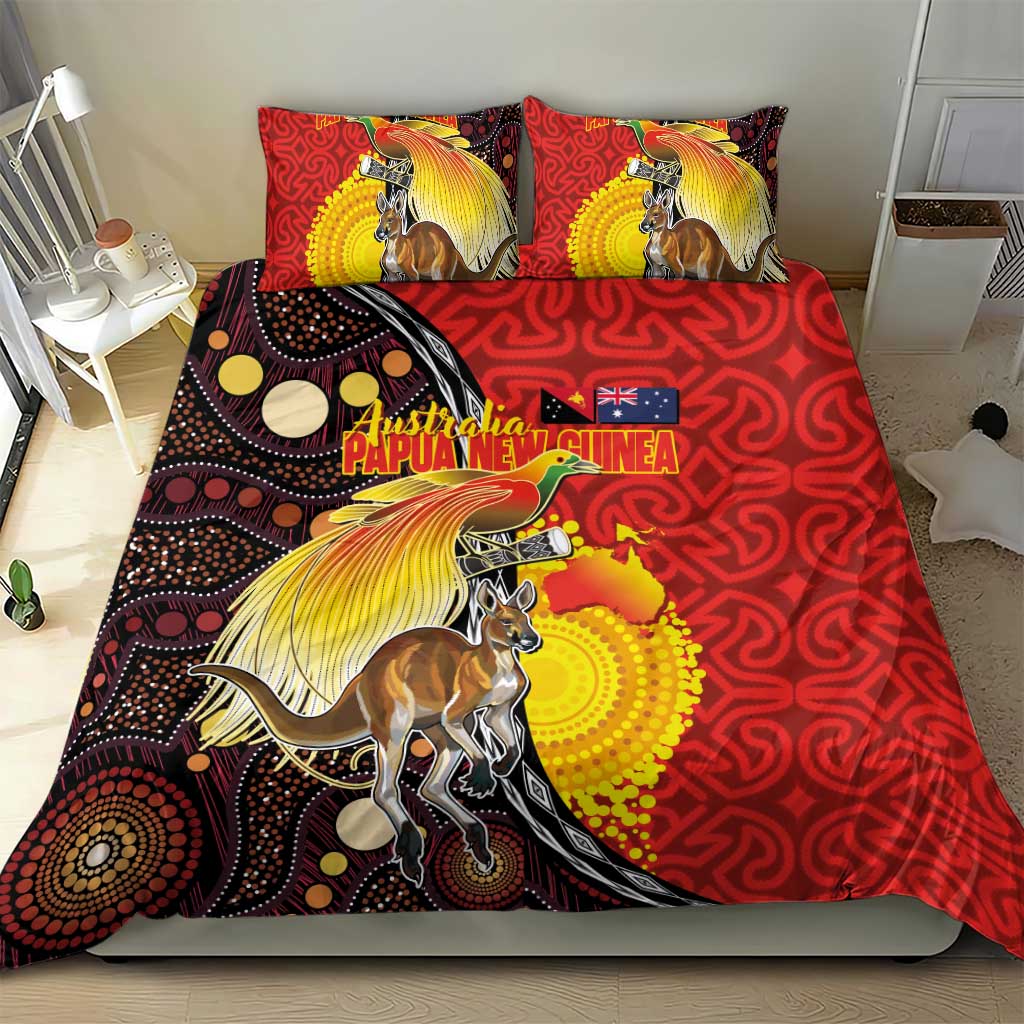 Australia and Papua New Guinea Together Bedding Set Bird-of-paradise and Kangaroo with Oro Tapa and Aboriginal Art Motifs - Polynesian Pride