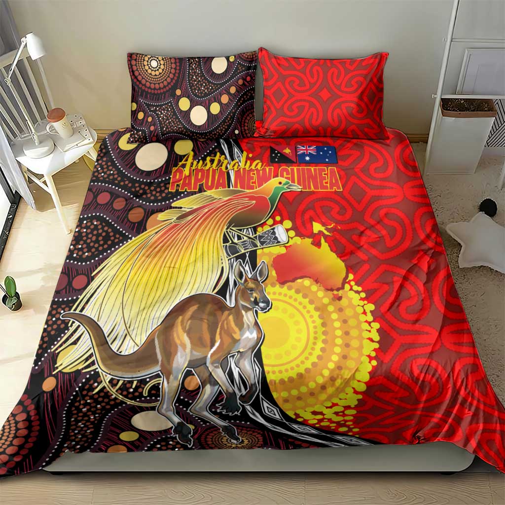 Australia and Papua New Guinea Together Bedding Set Bird-of-paradise and Kangaroo with Oro Tapa and Aboriginal Art Motifs - Polynesian Pride