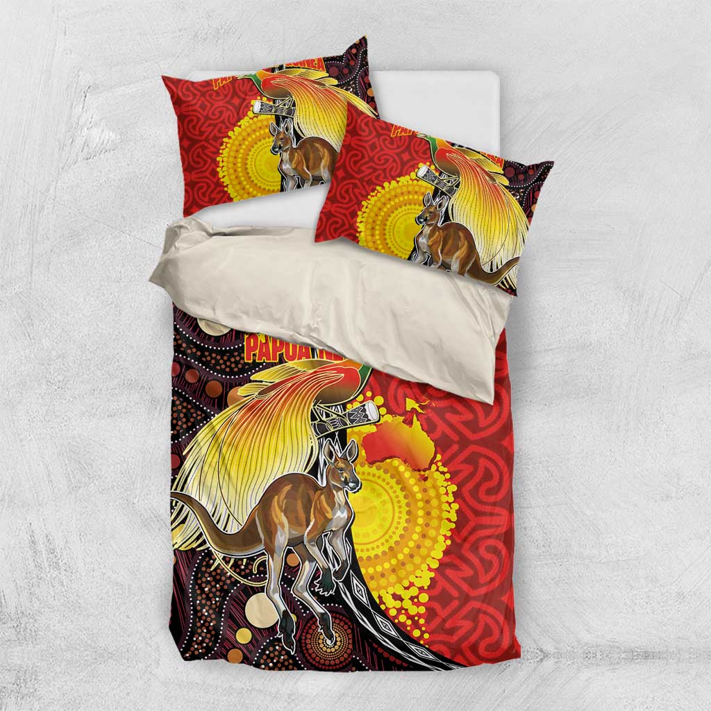 Australia and Papua New Guinea Together Bedding Set Bird-of-paradise and Kangaroo with Oro Tapa and Aboriginal Art Motifs - Polynesian Pride