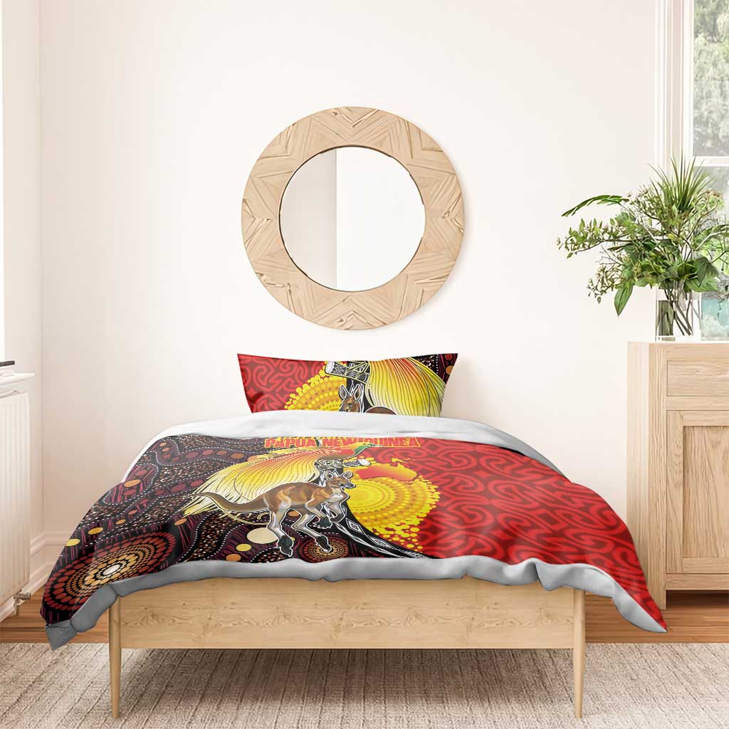 Australia and Papua New Guinea Together Bedding Set Bird-of-paradise and Kangaroo with Oro Tapa and Aboriginal Art Motifs - Polynesian Pride