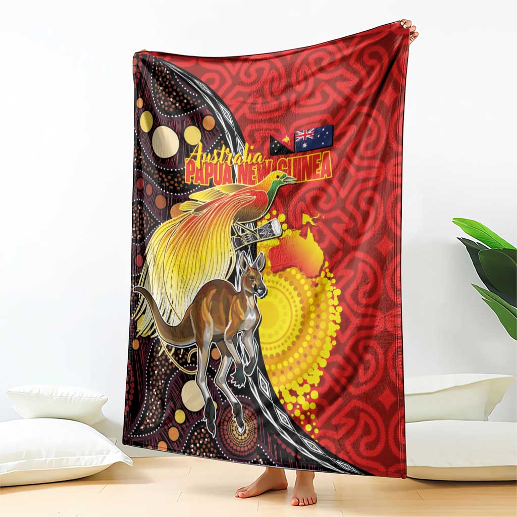 Australia and Papua New Guinea Together Blanket Bird-of-paradise and Kangaroo with Oro Tapa and Aboriginal Art Motifs - Polynesian Pride