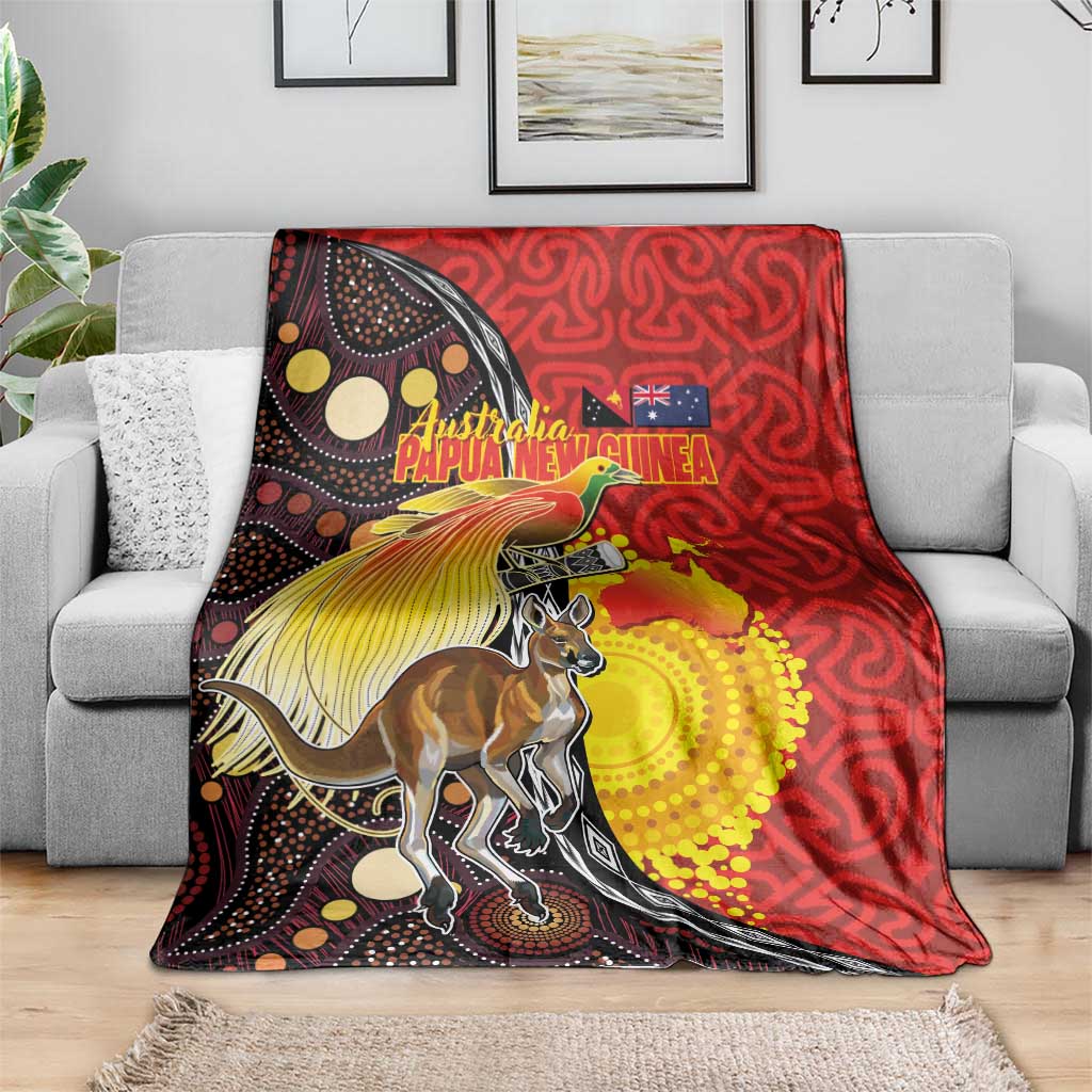 Australia and Papua New Guinea Together Blanket Bird-of-paradise and Kangaroo with Oro Tapa and Aboriginal Art Motifs - Polynesian Pride