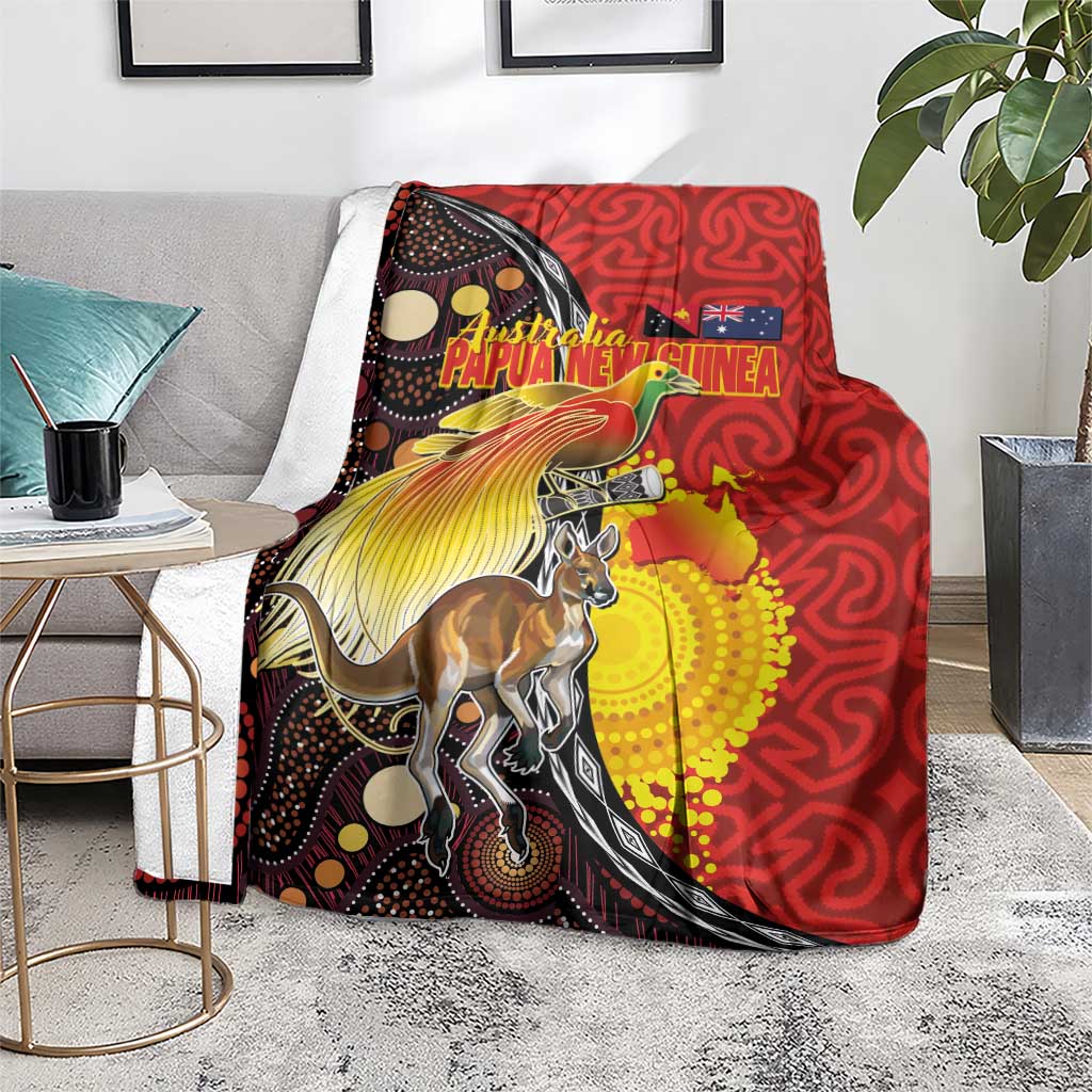 Australia and Papua New Guinea Together Blanket Bird-of-paradise and Kangaroo with Oro Tapa and Aboriginal Art Motifs - Polynesian Pride