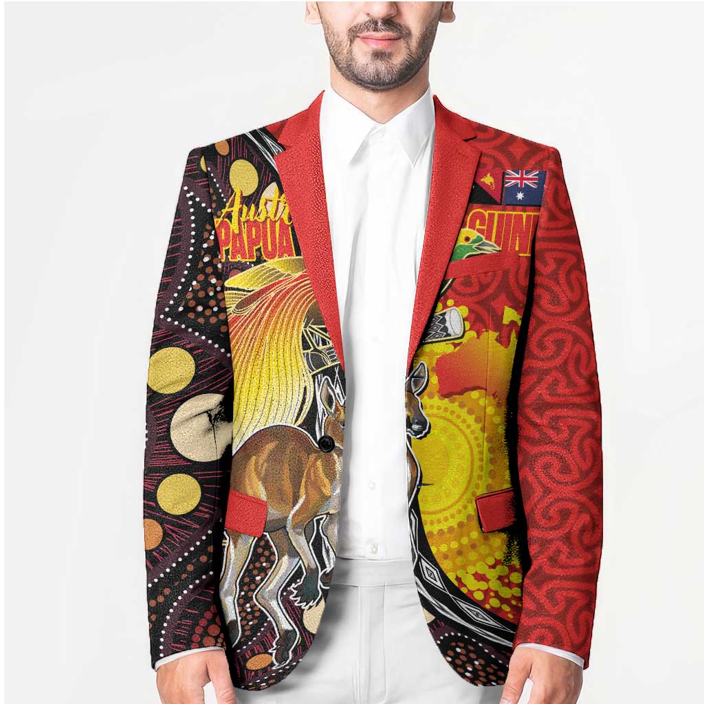 Australia and Papua New Guinea Together Blazer Bird-of-paradise and Kangaroo with Oro Tapa and Aboriginal Art Motifs - Polynesian Pride
