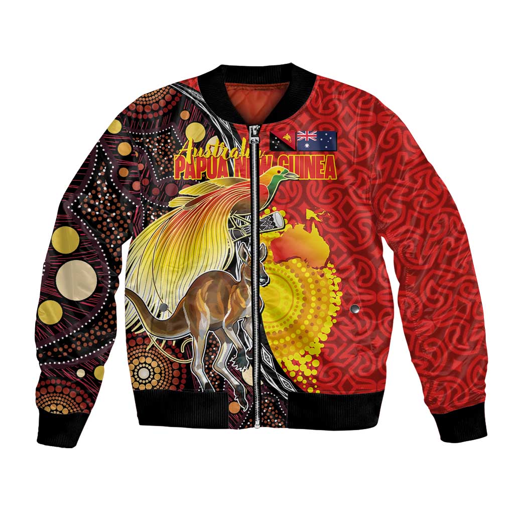 Australia and Papua New Guinea Together Bomber Jacket Bird-of-paradise and Kangaroo with Oro Tapa and Aboriginal Art Motifs - Polynesian Pride
