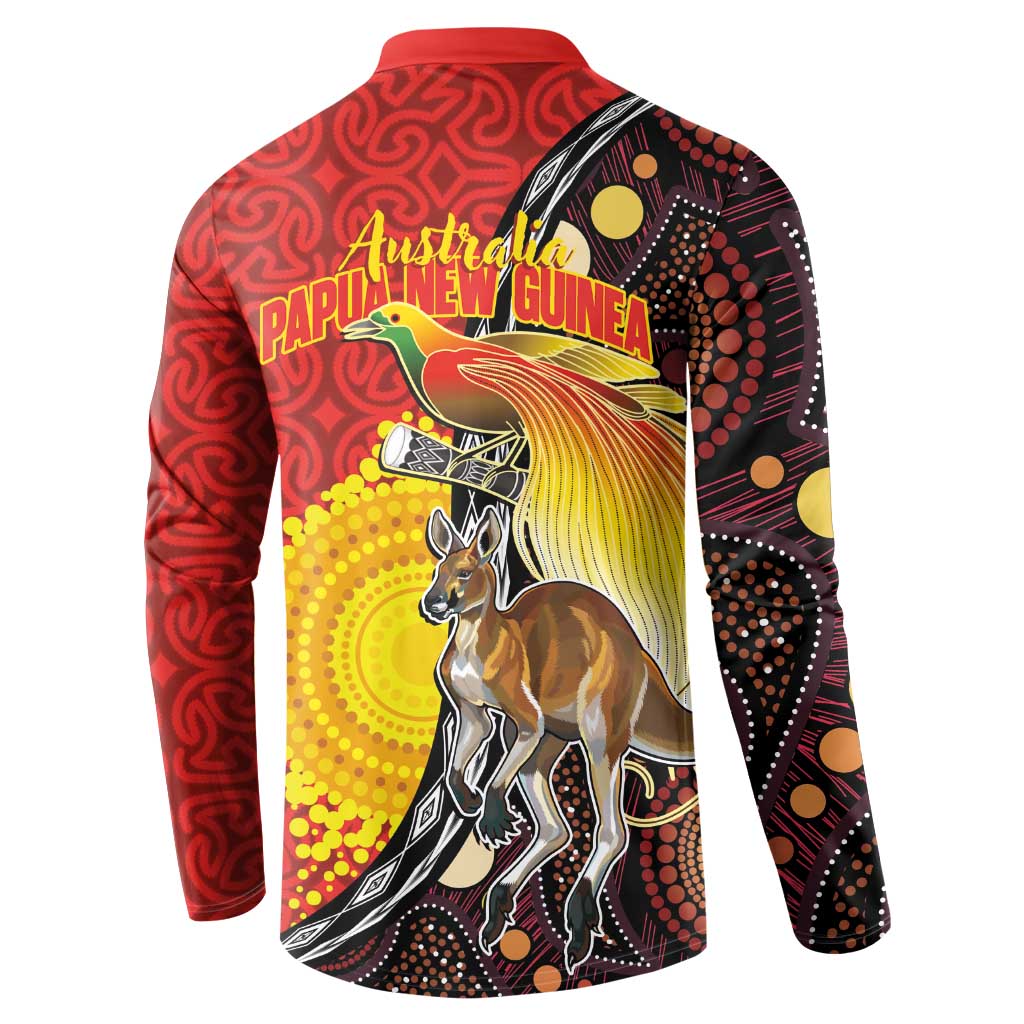 Australia and Papua New Guinea Together Button Sweatshirt Bird-of-paradise and Kangaroo with Oro Tapa and Aboriginal Art Motifs - Polynesian Pride