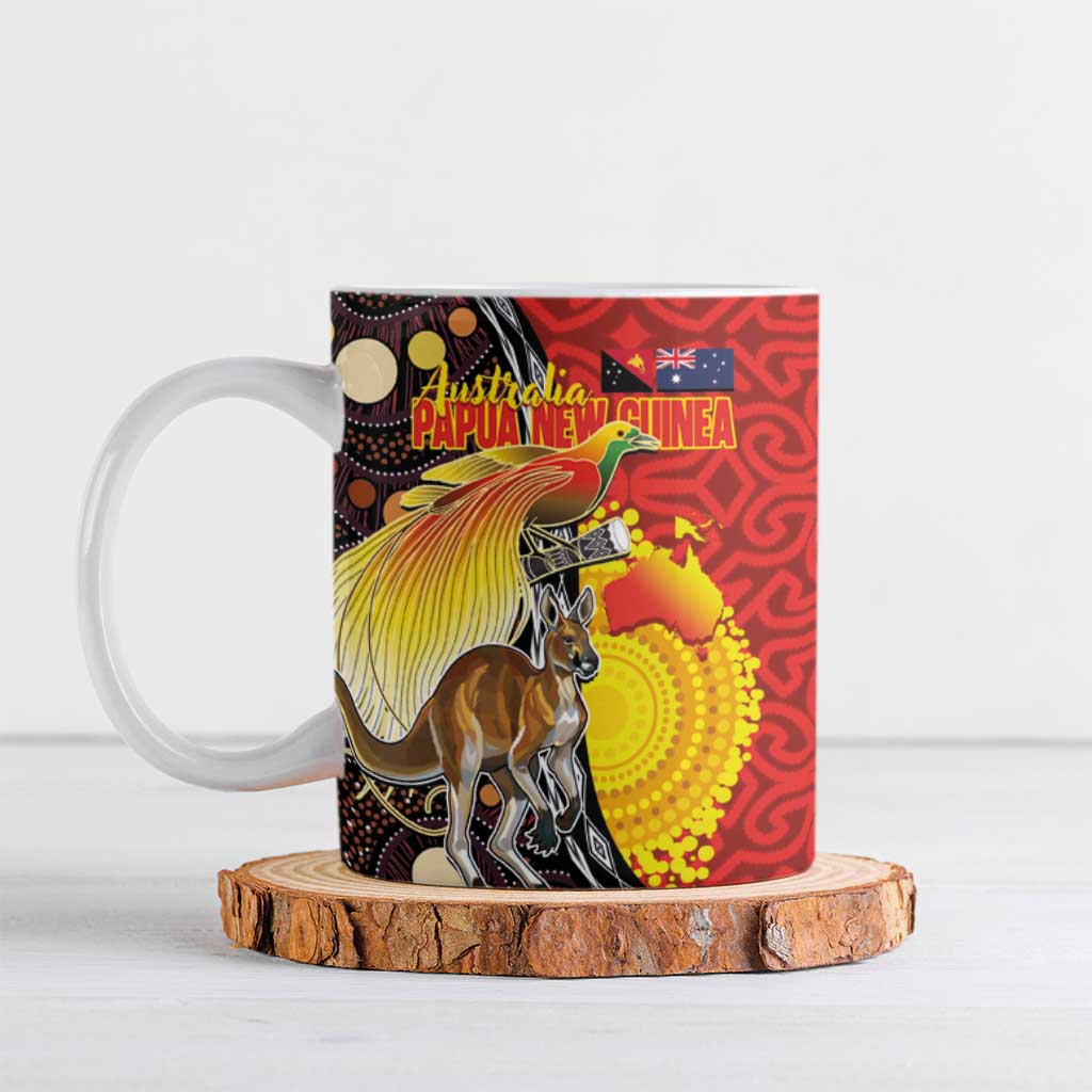 Australia and Papua New Guinea Together Ceramic Mug Bird-of-paradise and Kangaroo with Oro Tapa and Aboriginal Art Motifs - Polynesian Pride