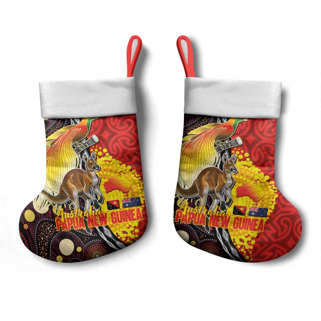 Australia and Papua New Guinea Together Christmas Stocking Bird-of-paradise and Kangaroo with Oro Tapa and Aboriginal Art Motifs - Polynesian Pride