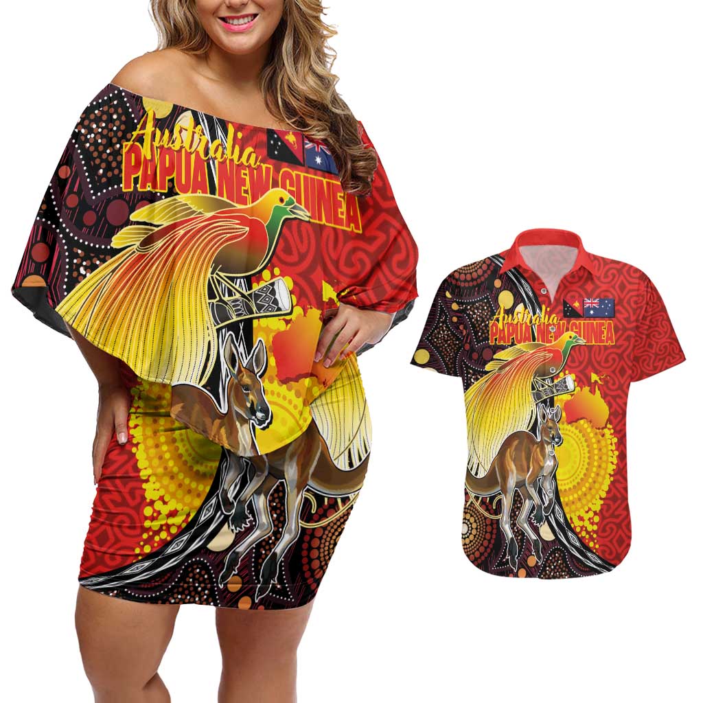 Australia and Papua New Guinea Together Couples Matching Off Shoulder Short Dress and Hawaiian Shirt Bird-of-paradise and Kangaroo with Oro Tapa and Aboriginal Art Motifs - Polynesian Pride