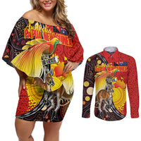 Australia and Papua New Guinea Together Couples Matching Off Shoulder Short Dress and Long Sleeve Button Shirt Bird-of-paradise and Kangaroo with Oro Tapa and Aboriginal Art Motifs - Polynesian Pride