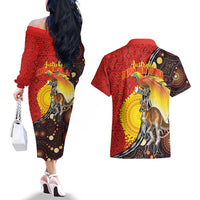 Australia and Papua New Guinea Together Couples Matching Off The Shoulder Long Sleeve Dress and Hawaiian Shirt Bird-of-paradise and Kangaroo with Oro Tapa and Aboriginal Art Motifs - Polynesian Pride
