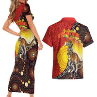Australia and Papua New Guinea Together Couples Matching Short Sleeve Bodycon Dress and Hawaiian Shirt Bird-of-paradise and Kangaroo with Oro Tapa and Aboriginal Art Motifs - Polynesian Pride