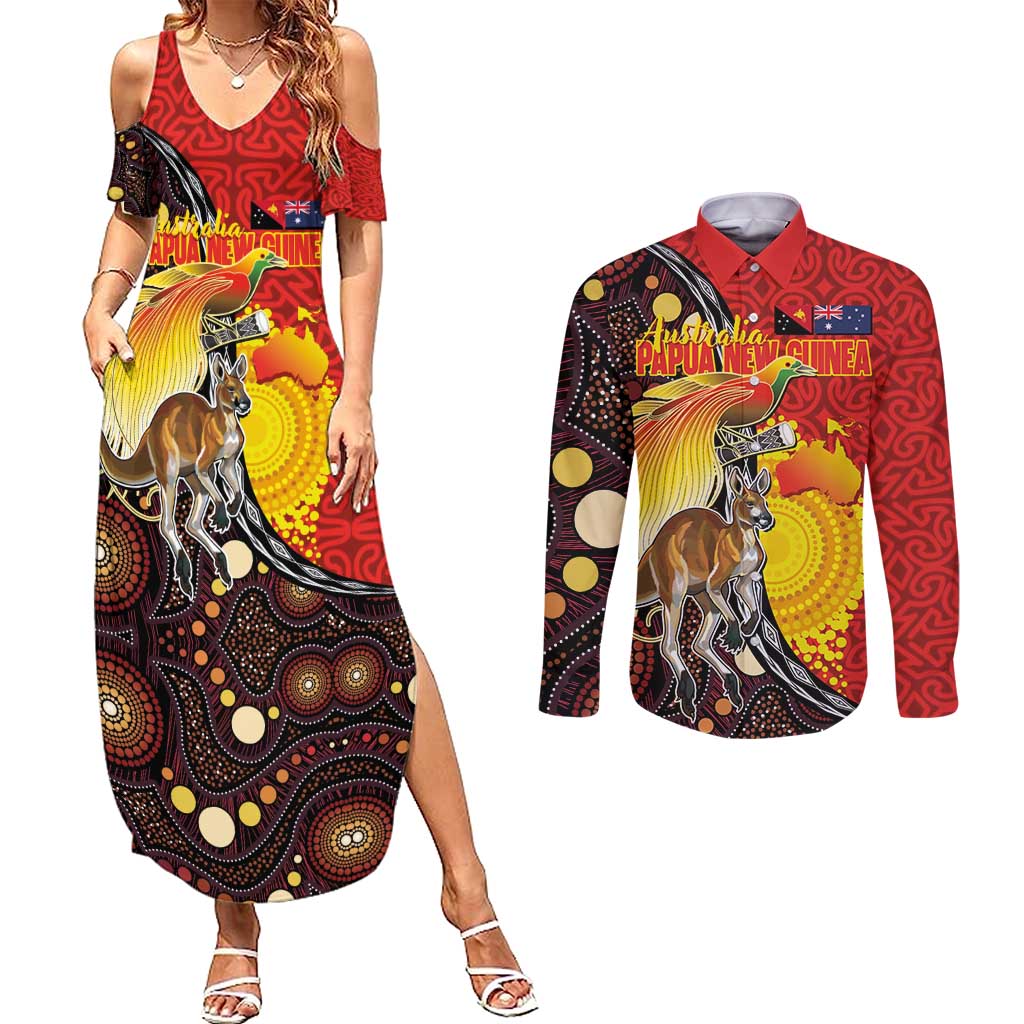 Australia and Papua New Guinea Together Couples Matching Summer Maxi Dress and Long Sleeve Button Shirt Bird-of-paradise and Kangaroo with Oro Tapa and Aboriginal Art Motifs - Polynesian Pride