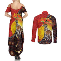 Australia and Papua New Guinea Together Couples Matching Summer Maxi Dress and Long Sleeve Button Shirt Bird-of-paradise and Kangaroo with Oro Tapa and Aboriginal Art Motifs - Polynesian Pride