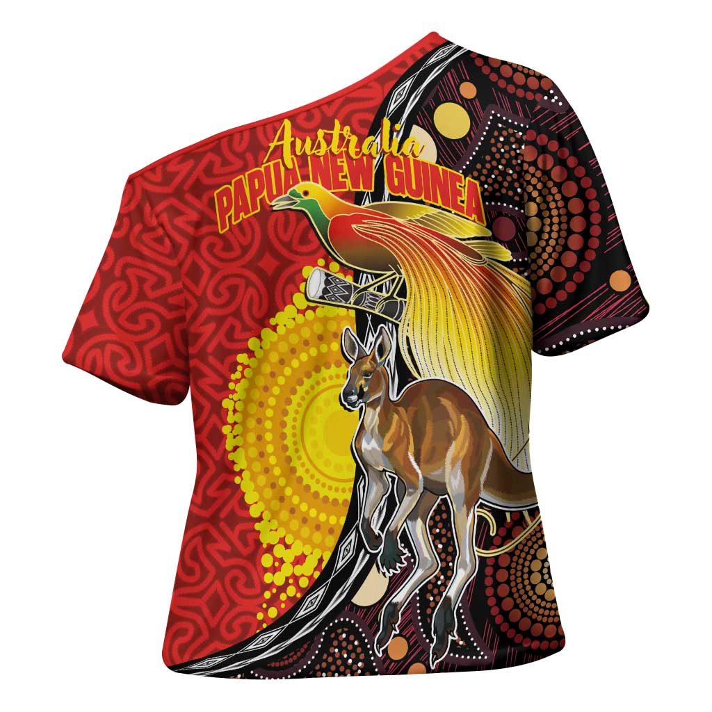 Australia and Papua New Guinea Together Cross Shoulder Shirt Bird-of-paradise and Kangaroo with Oro Tapa and Aboriginal Art Motifs - Polynesian Pride