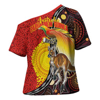 Australia and Papua New Guinea Together Cross Shoulder Shirt Bird-of-paradise and Kangaroo with Oro Tapa and Aboriginal Art Motifs - Polynesian Pride