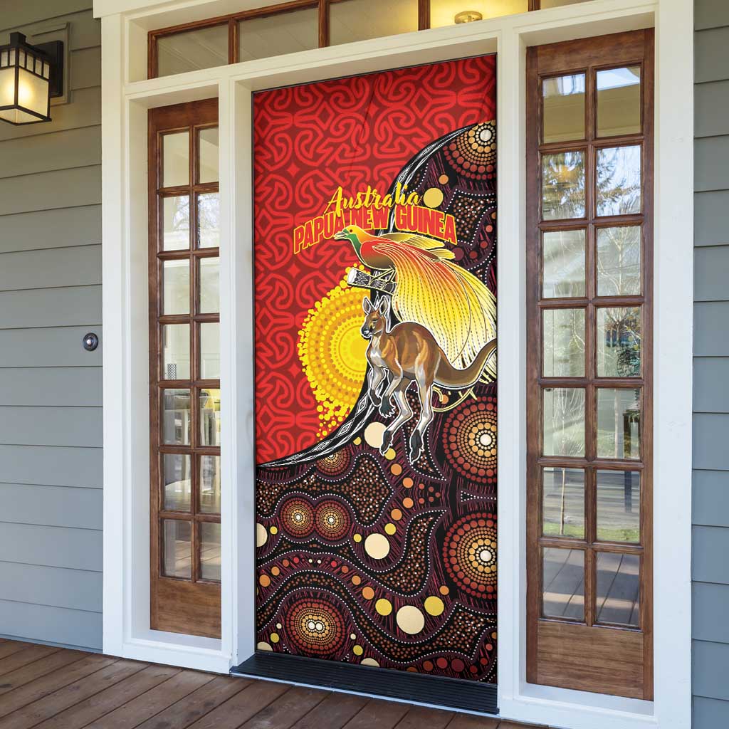 Australia and Papua New Guinea Together Door Cover Bird-of-paradise and Kangaroo with Oro Tapa and Aboriginal Art Motifs - Polynesian Pride