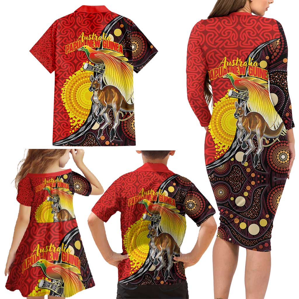 Australia and Papua New Guinea Together Family Matching Long Sleeve Bodycon Dress and Hawaiian Shirt Bird-of-paradise and Kangaroo with Oro Tapa and Aboriginal Art Motifs - Polynesian Pride