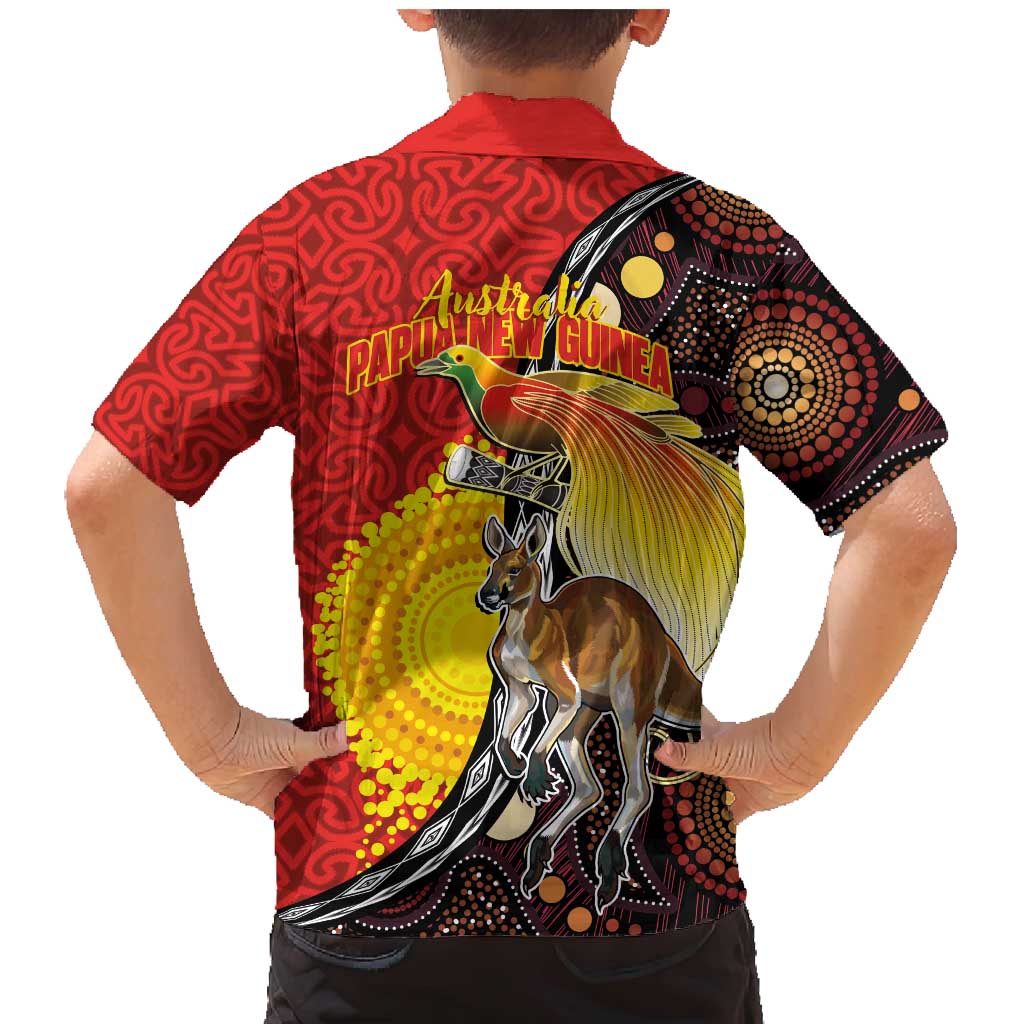 Australia and Papua New Guinea Together Family Matching Mermaid Dress and Hawaiian Shirt Bird-of-paradise and Kangaroo with Oro Tapa and Aboriginal Art Motifs - Polynesian Pride