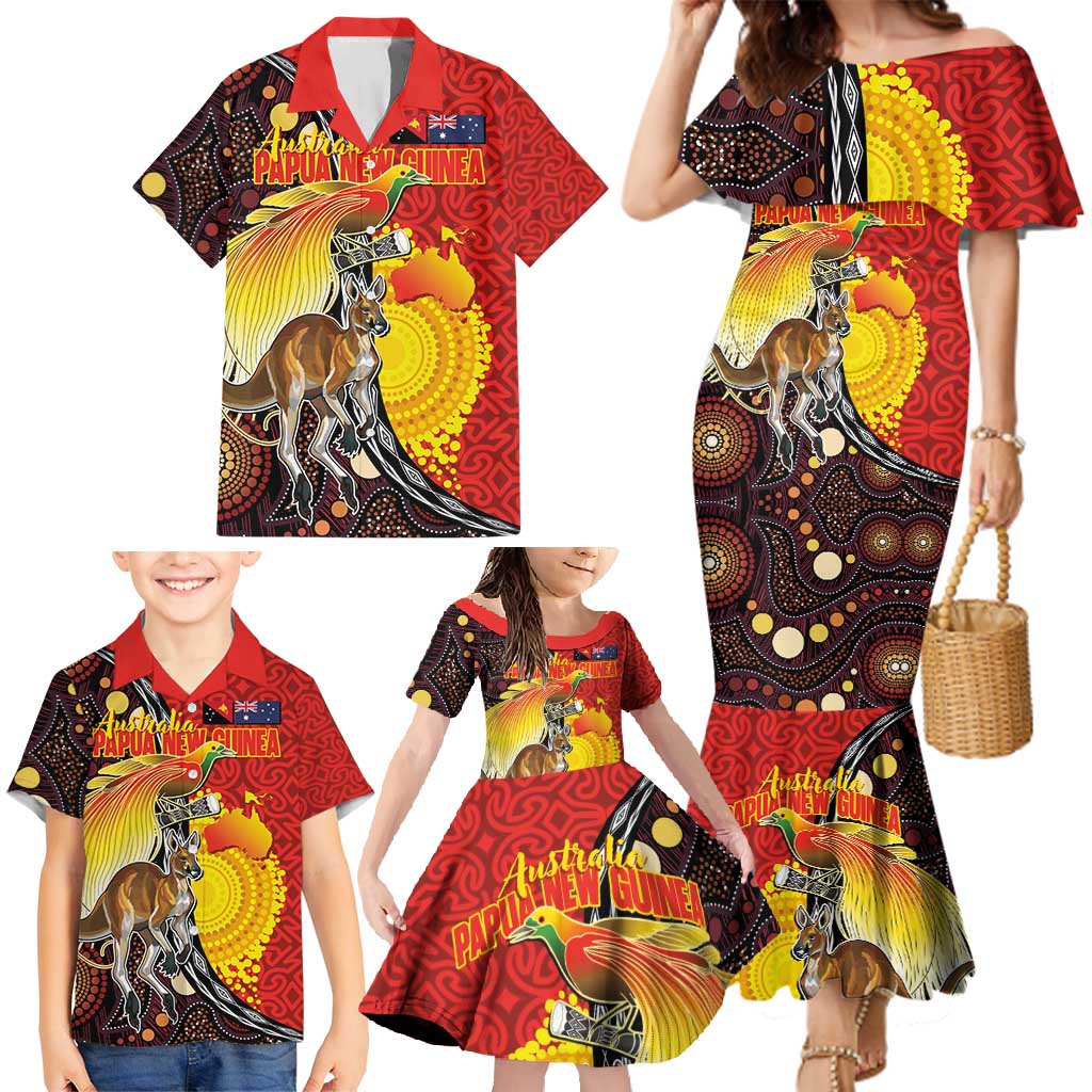 Australia and Papua New Guinea Together Family Matching Mermaid Dress and Hawaiian Shirt Bird-of-paradise and Kangaroo with Oro Tapa and Aboriginal Art Motifs - Polynesian Pride