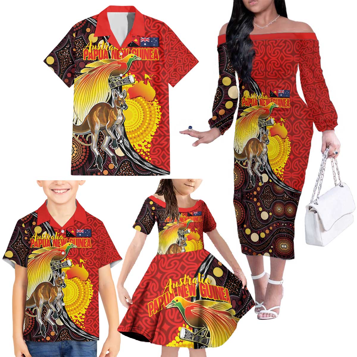 Australia and Papua New Guinea Together Family Matching Off The Shoulder Long Sleeve Dress and Hawaiian Shirt Bird-of-paradise and Kangaroo with Oro Tapa and Aboriginal Art Motifs - Polynesian Pride