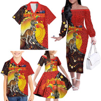 Australia and Papua New Guinea Together Family Matching Off The Shoulder Long Sleeve Dress and Hawaiian Shirt Bird-of-paradise and Kangaroo with Oro Tapa and Aboriginal Art Motifs - Polynesian Pride