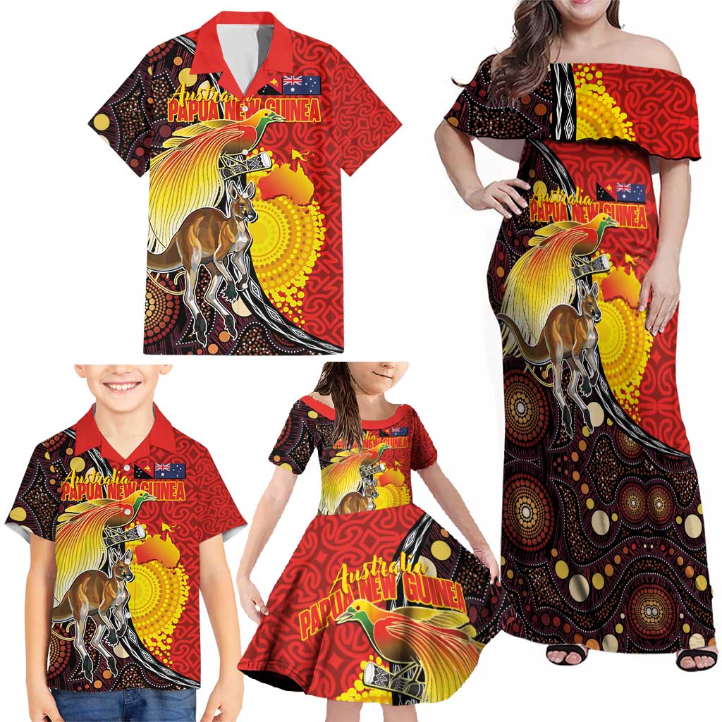 Australia and Papua New Guinea Together Family Matching Off Shoulder Maxi Dress and Hawaiian Shirt Bird-of-paradise and Kangaroo with Oro Tapa and Aboriginal Art Motifs - Polynesian Pride