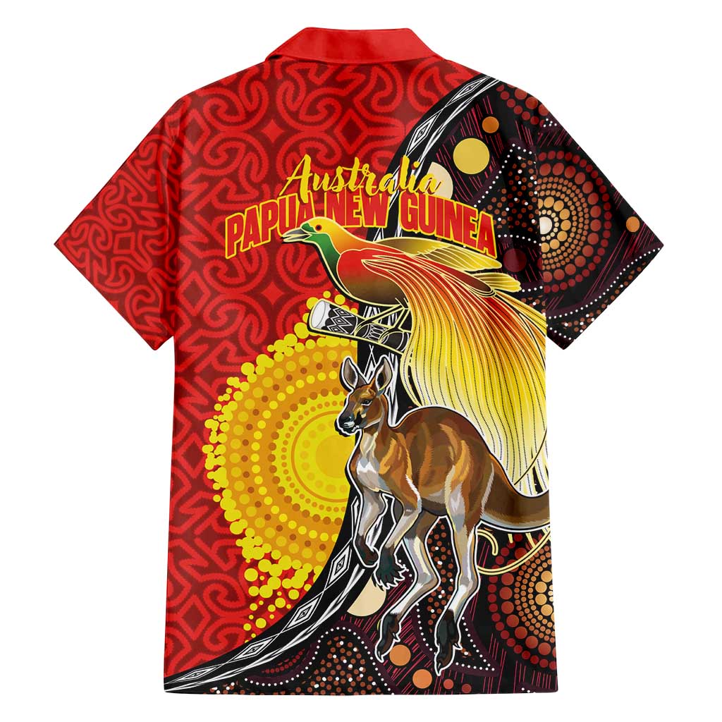 Australia and Papua New Guinea Together Family Matching Off Shoulder Maxi Dress and Hawaiian Shirt Bird-of-paradise and Kangaroo with Oro Tapa and Aboriginal Art Motifs - Polynesian Pride