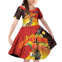 Australia and Papua New Guinea Together Family Matching Off Shoulder Short Dress and Hawaiian Shirt Bird-of-paradise and Kangaroo with Oro Tapa and Aboriginal Art Motifs - Polynesian Pride