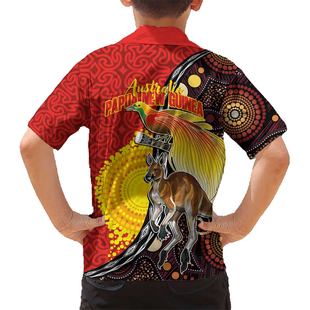 Australia and Papua New Guinea Together Family Matching Short Sleeve Bodycon Dress and Hawaiian Shirt Bird-of-paradise and Kangaroo with Oro Tapa and Aboriginal Art Motifs - Polynesian Pride