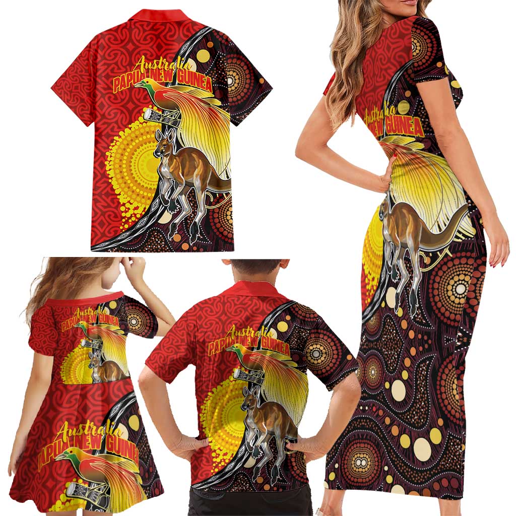 Australia and Papua New Guinea Together Family Matching Short Sleeve Bodycon Dress and Hawaiian Shirt Bird-of-paradise and Kangaroo with Oro Tapa and Aboriginal Art Motifs - Polynesian Pride