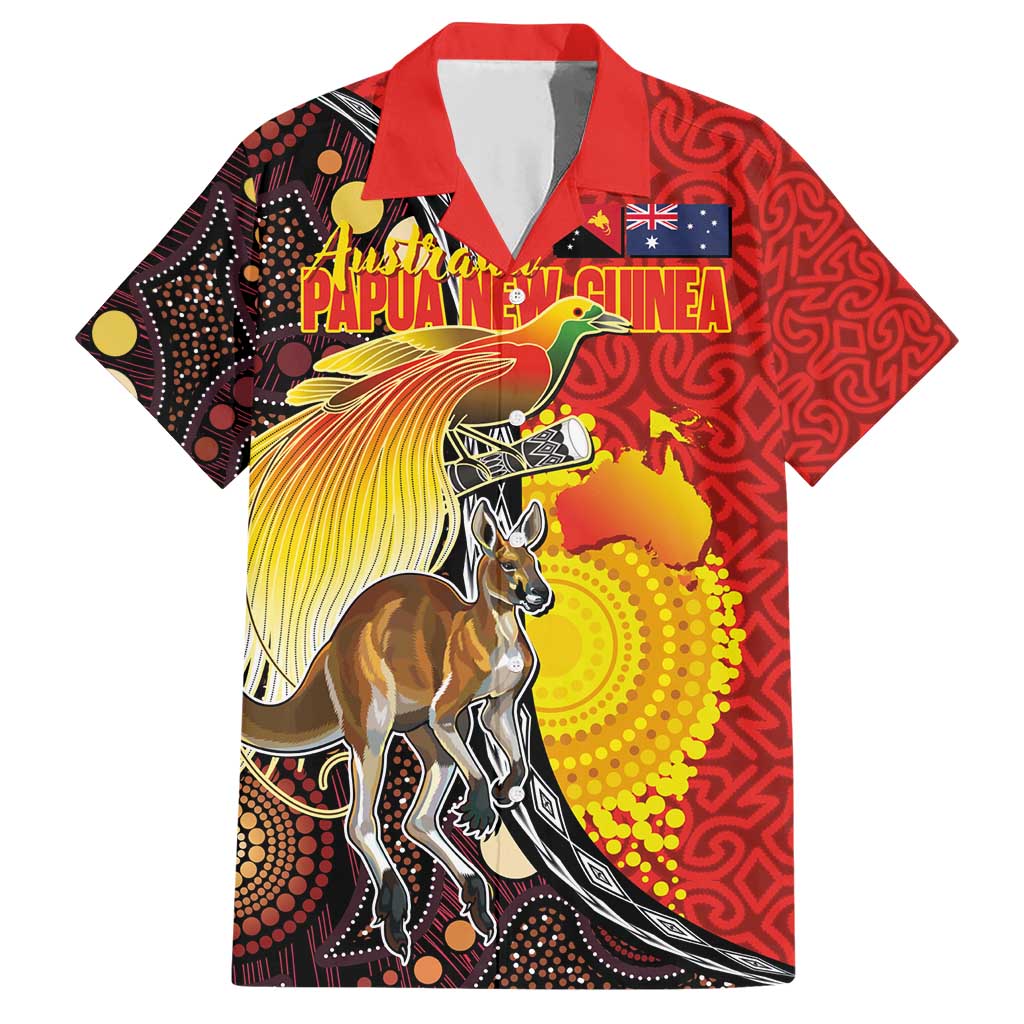 Australia and Papua New Guinea Together Family Matching Short Sleeve Bodycon Dress and Hawaiian Shirt Bird-of-paradise and Kangaroo with Oro Tapa and Aboriginal Art Motifs - Polynesian Pride