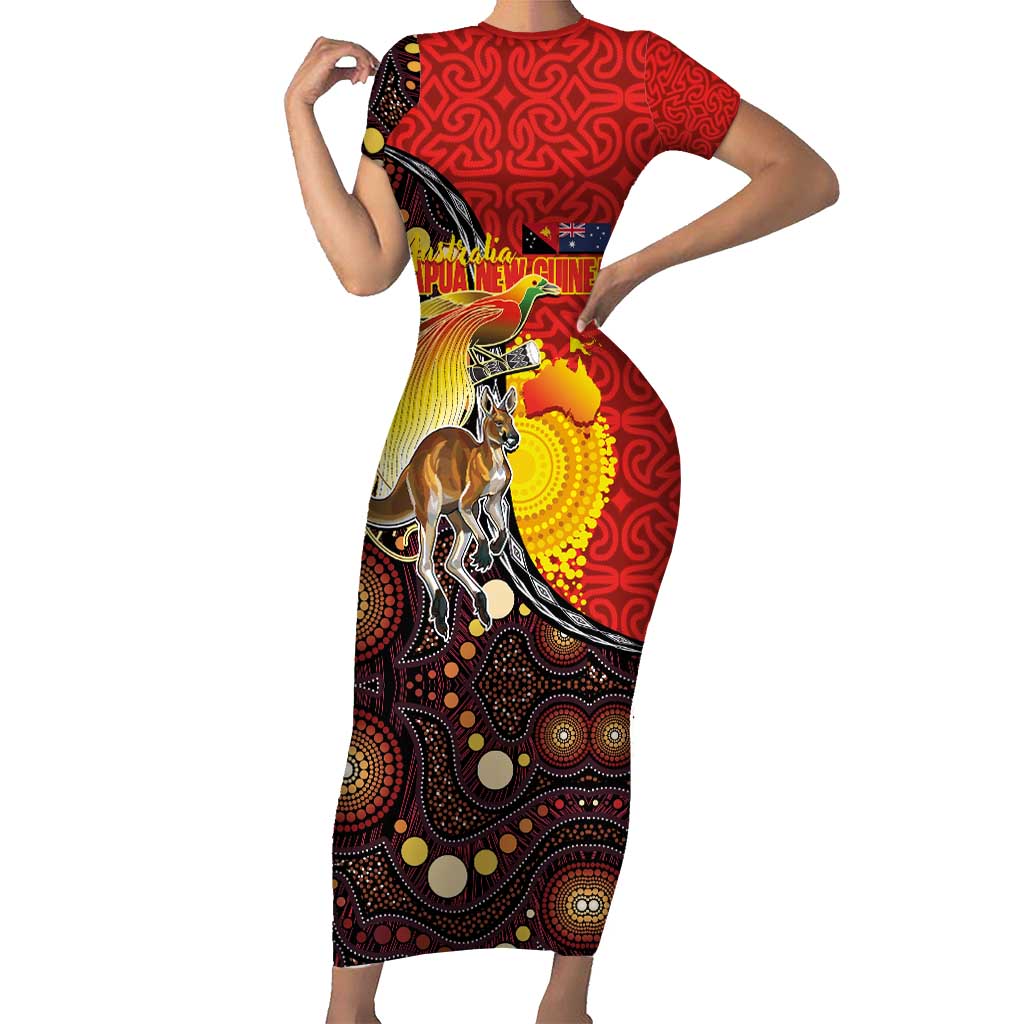 Australia and Papua New Guinea Together Family Matching Short Sleeve Bodycon Dress and Hawaiian Shirt Bird-of-paradise and Kangaroo with Oro Tapa and Aboriginal Art Motifs - Polynesian Pride