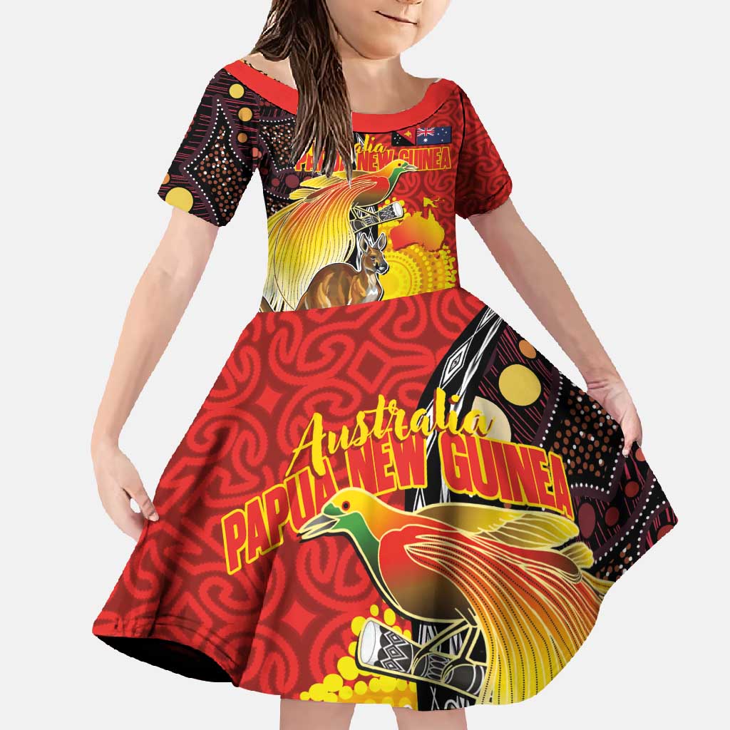 Australia and Papua New Guinea Together Family Matching Summer Maxi Dress and Hawaiian Shirt Bird-of-paradise and Kangaroo with Oro Tapa and Aboriginal Art Motifs - Polynesian Pride