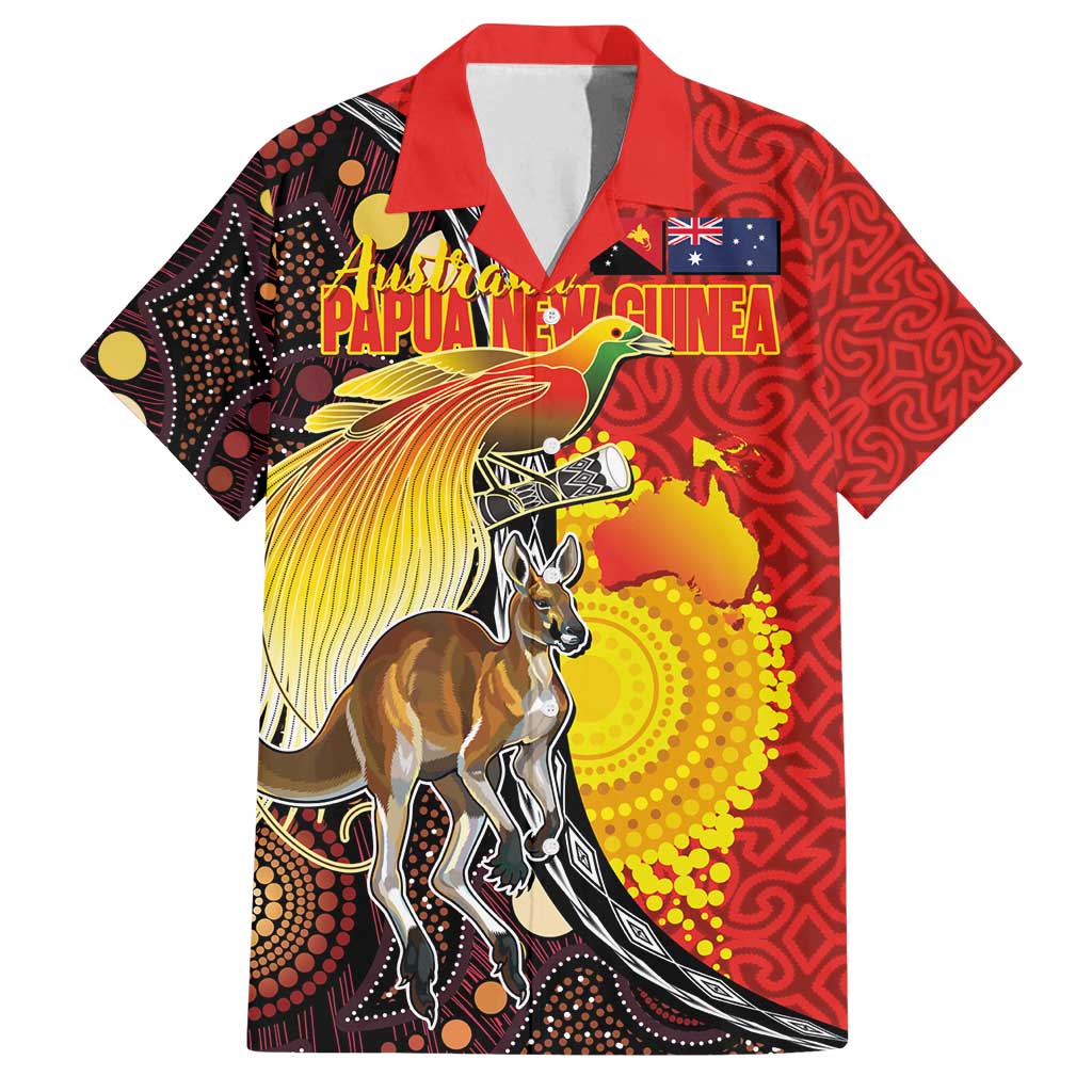 Australia and Papua New Guinea Together Family Matching Summer Maxi Dress and Hawaiian Shirt Bird-of-paradise and Kangaroo with Oro Tapa and Aboriginal Art Motifs - Polynesian Pride