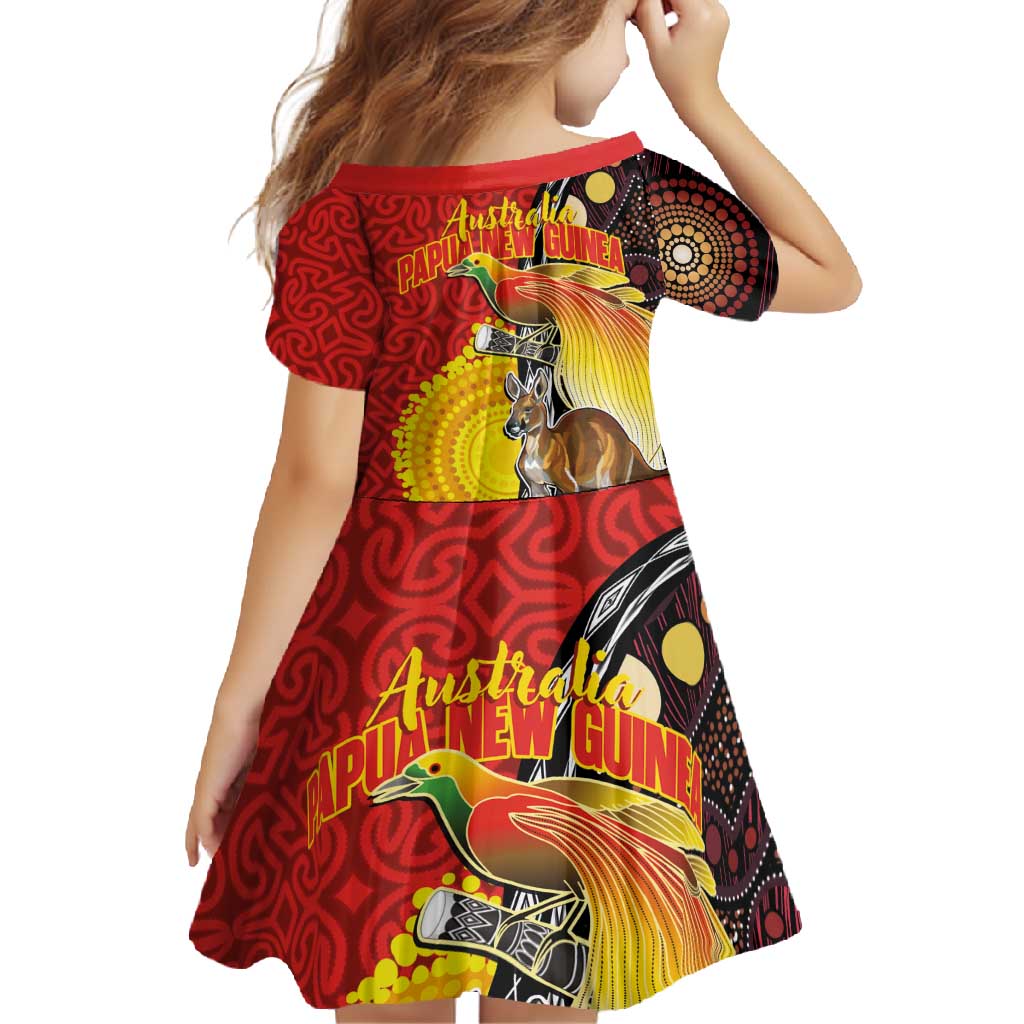 Australia and Papua New Guinea Together Family Matching Tank Maxi Dress and Hawaiian Shirt Bird-of-paradise and Kangaroo with Oro Tapa and Aboriginal Art Motifs - Polynesian Pride