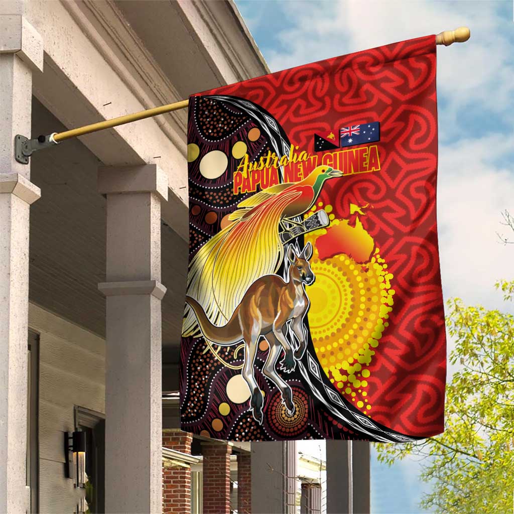 Australia and Papua New Guinea Together Garden Flag Bird-of-paradise and Kangaroo with Oro Tapa and Aboriginal Art Motifs - Polynesian Pride