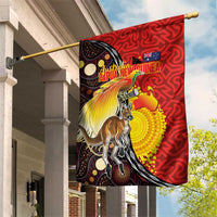 Australia and Papua New Guinea Together Garden Flag Bird-of-paradise and Kangaroo with Oro Tapa and Aboriginal Art Motifs - Polynesian Pride