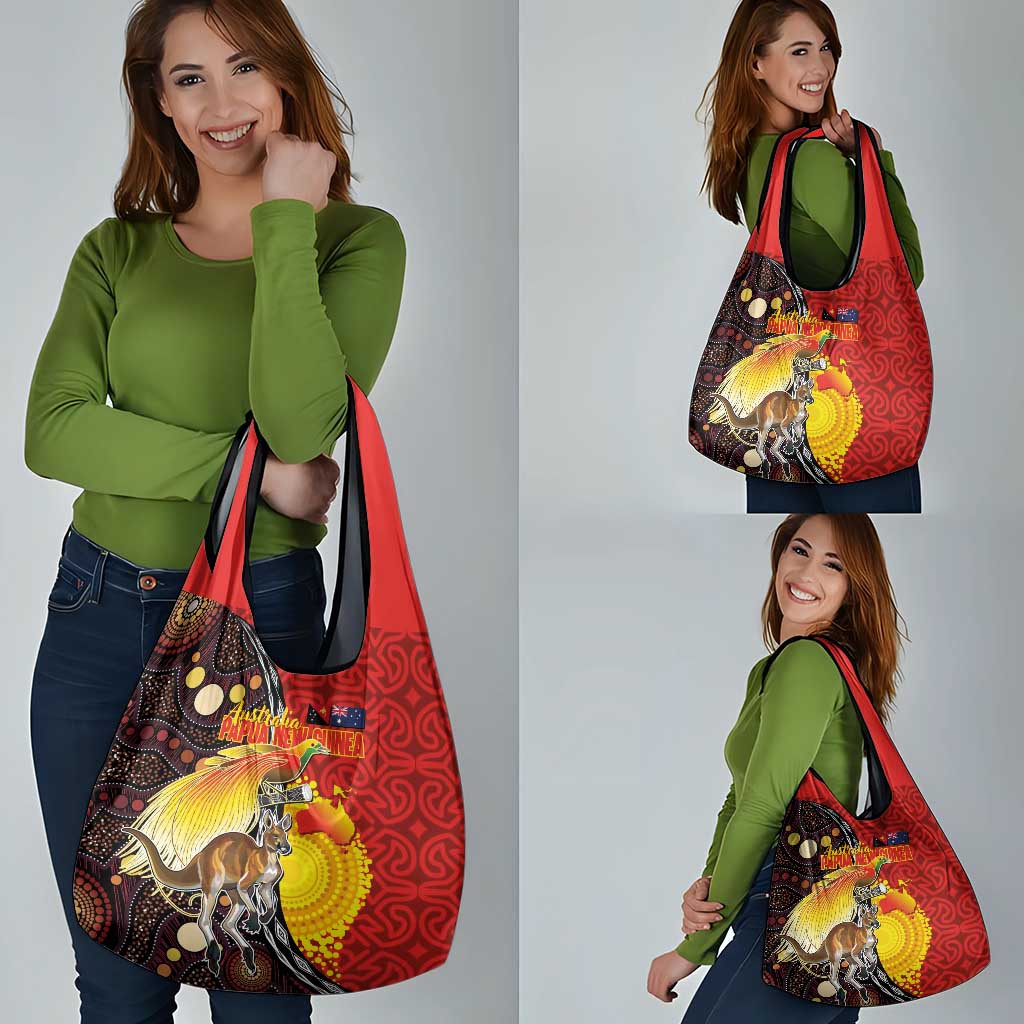Australia and Papua New Guinea Together Grocery Bag Bird-of-paradise and Kangaroo with Oro Tapa and Aboriginal Art Motifs - Polynesian Pride