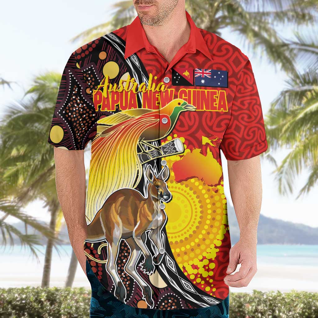 Australia and Papua New Guinea Together Hawaiian Shirt Bird-of-paradise and Kangaroo with Oro Tapa and Aboriginal Art Motifs - Polynesian Pride
