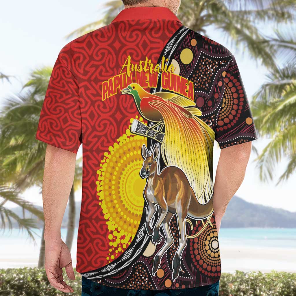 Australia and Papua New Guinea Together Hawaiian Shirt Bird-of-paradise and Kangaroo with Oro Tapa and Aboriginal Art Motifs - Polynesian Pride