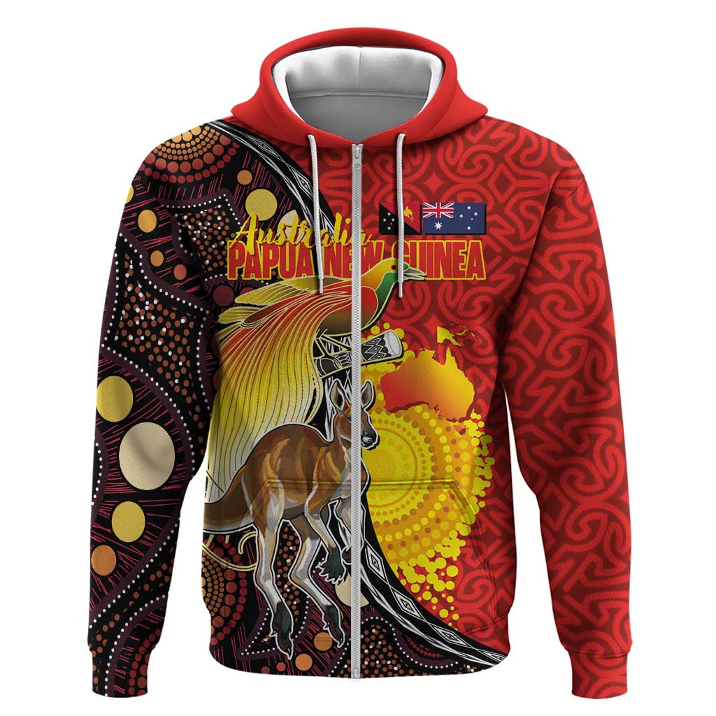 Australia and Papua New Guinea Together Hoodie Bird-of-paradise and Kangaroo with Oro Tapa and Aboriginal Art Motifs - Polynesian Pride