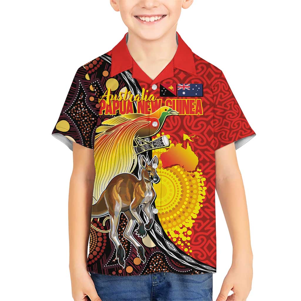 Australia and Papua New Guinea Together Kid Hawaiian Shirt Bird-of-paradise and Kangaroo with Oro Tapa and Aboriginal Art Motifs - Polynesian Pride