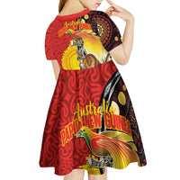 Australia and Papua New Guinea Together Kid Short Sleeve Dress Bird-of-paradise and Kangaroo with Oro Tapa and Aboriginal Art Motifs - Polynesian Pride