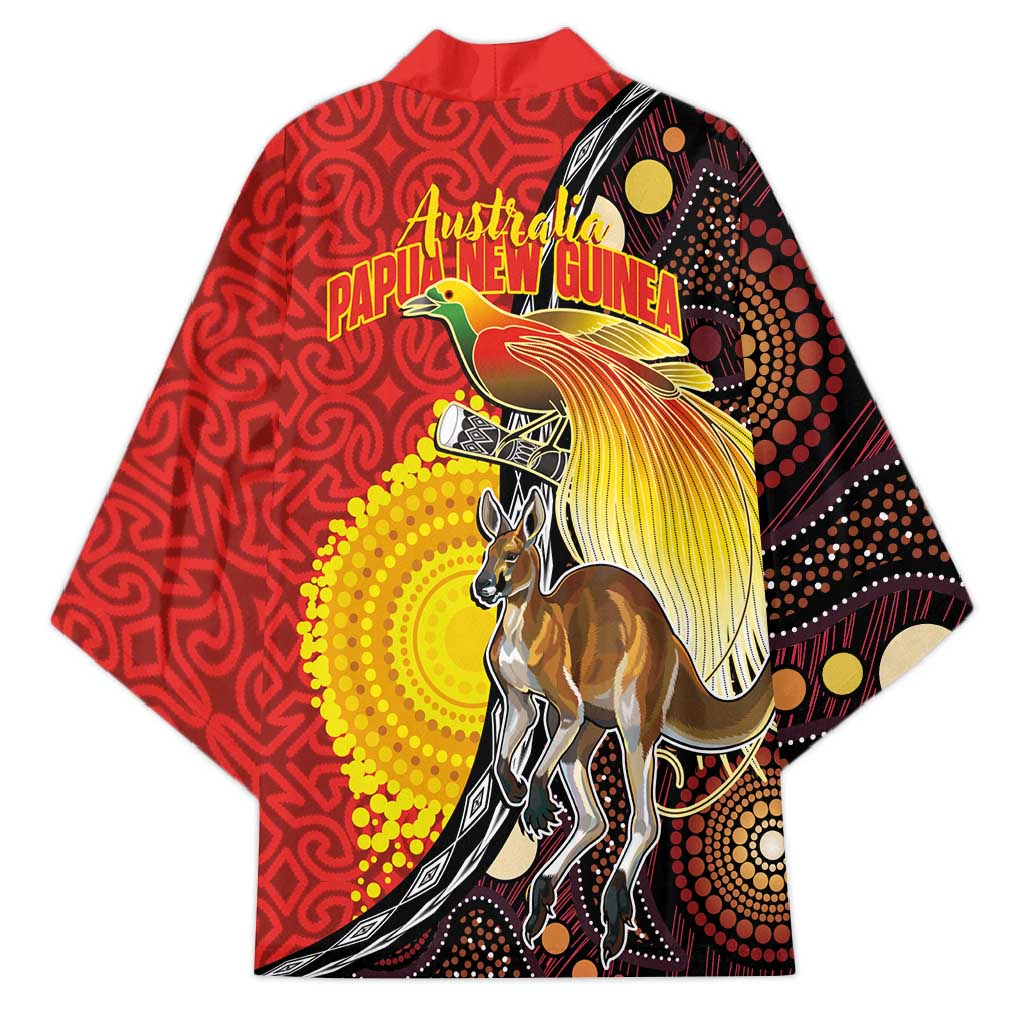 Australia and Papua New Guinea Together Kimono Bird-of-paradise and Kangaroo with Oro Tapa and Aboriginal Art Motifs - Polynesian Pride