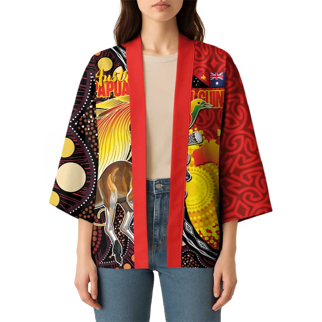 Australia and Papua New Guinea Together Kimono Bird-of-paradise and Kangaroo with Oro Tapa and Aboriginal Art Motifs - Polynesian Pride